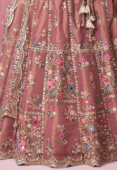 Embroidered Net Lehenga in Rose Gold