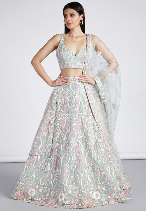 Embroidered Net Lehenga in Sea Green