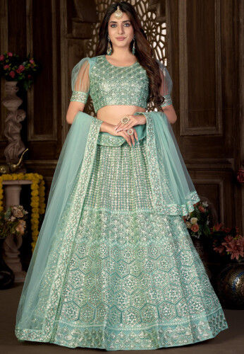 Buy Sea Green Lehenga In Organza With A Heavily Embroidered Crop Top In  Mirror Work