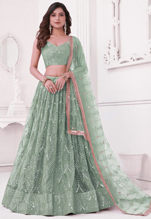 Embroidered Net Lehenga in Dusty Green
