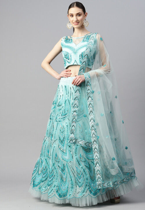 Embroidered Net Lehenga in Sky Blue