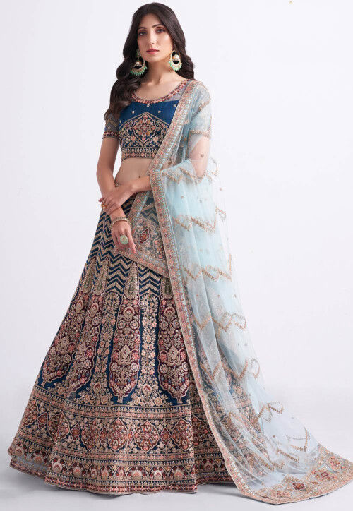 Embroidered Net Lehenga in Teal Blue