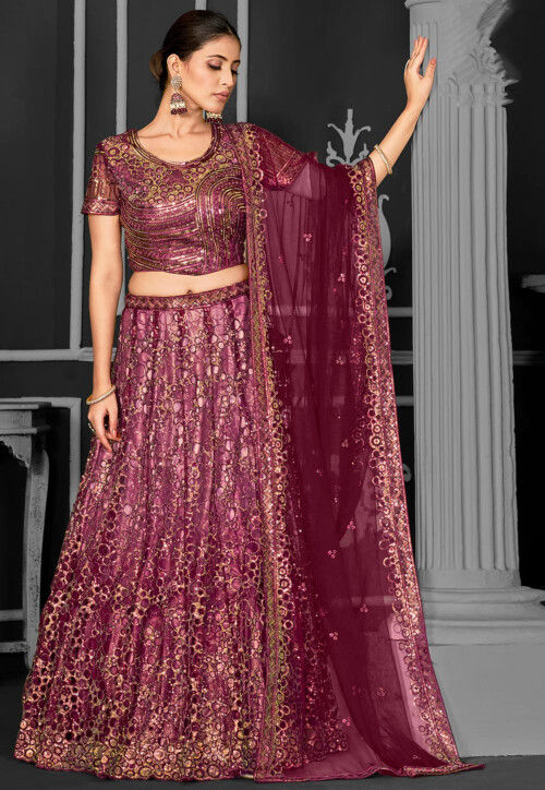 Embroidered Net Lehenga in Wine