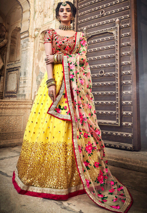 Buy Embroidered Net Lehenga in Yellow Online LCC2082 Utsav Fashion