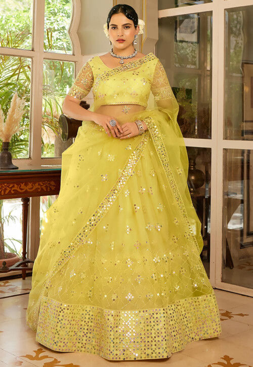 Embroidered Net Lehenga in Yellow