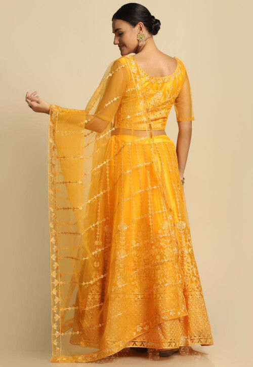 Embroidered Net Lehenga in Yellow