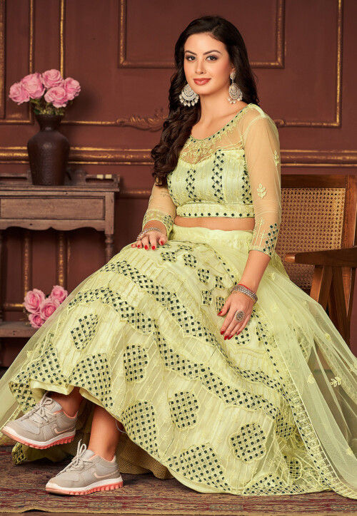 Embroidered Net Lehenga in Light Green
