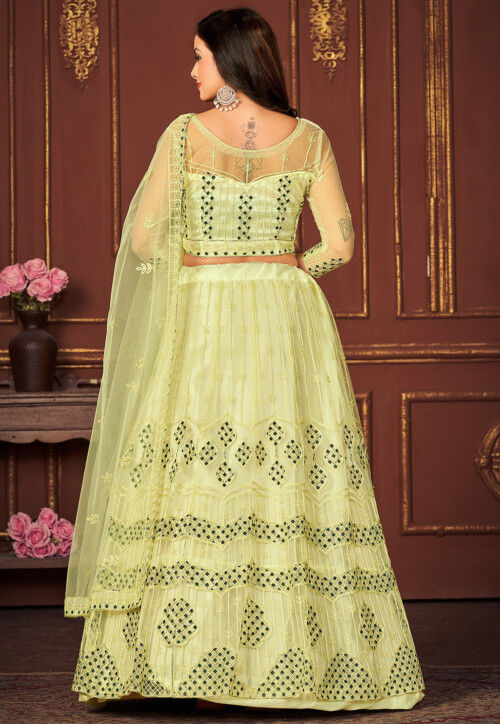 Embroidered Net Lehenga in Light Green