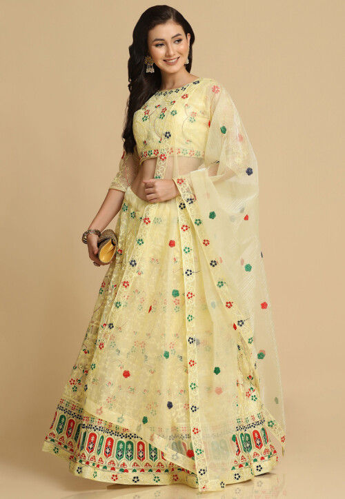 Embroidered Net Lehenga in Yellow
