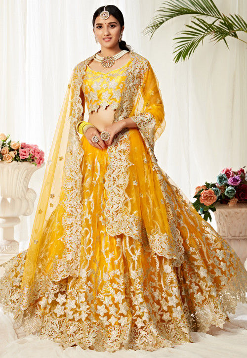 Yellow Embroidered Organza bridal Lehenga