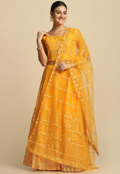 Embroidered Net Lehenga in Yellow