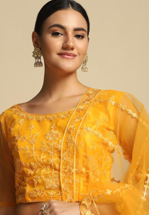 Embroidered Net Lehenga in Yellow