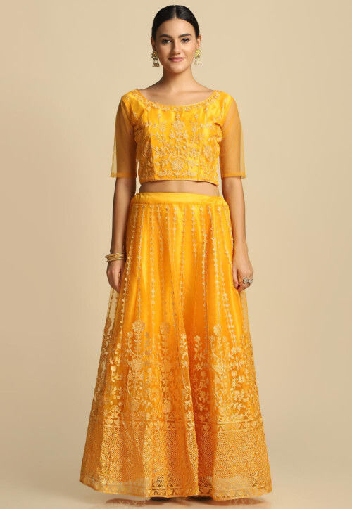 Embroidered Net Lehenga in Yellow