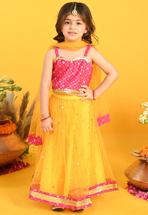 Embroidered Net Lehenga in Yellow