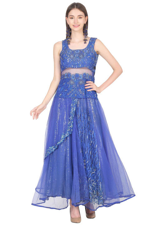 Embroidered Net Maxi Dress in Blue TPW350