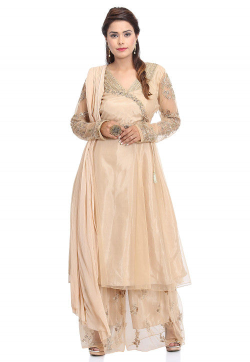 Embroidered Net Pakistani Suit in Beige