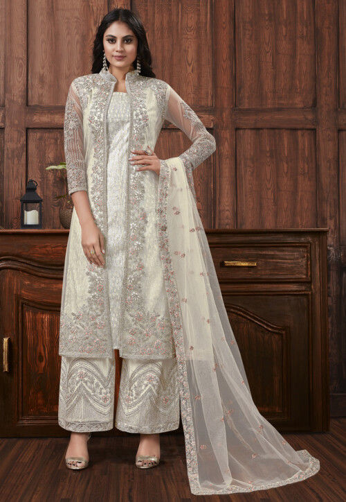 Embroidered Net Pakistani Suit in Grey