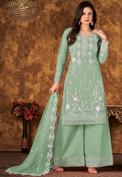 Embroidered Net Pakistani Suit in Dusty Green : KCH10167