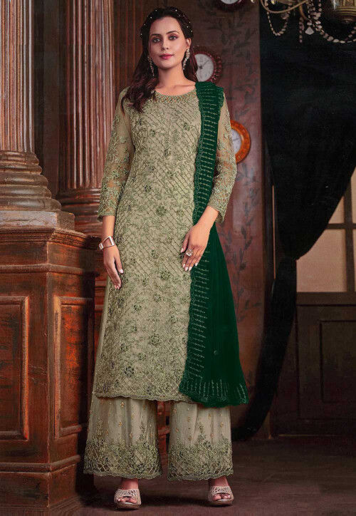 Embroidered Net Pakistani Suit in Dusty Green