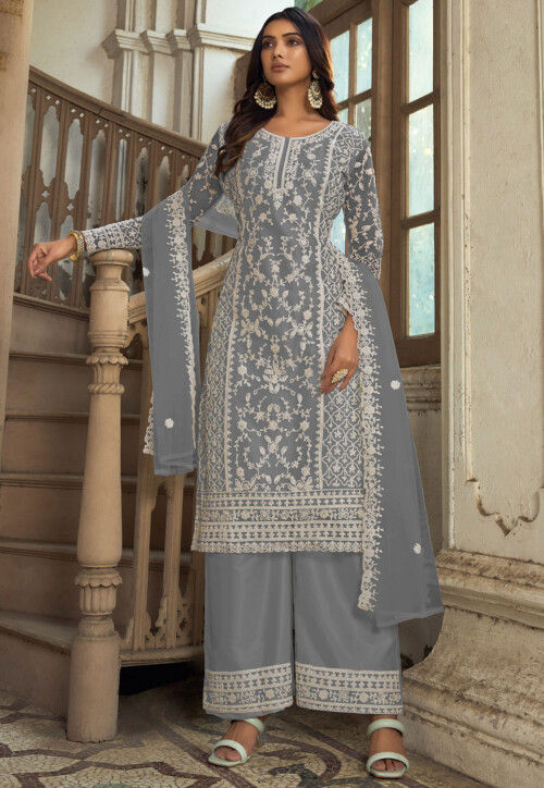 Embroidered Net Pakistani Suit in Grey