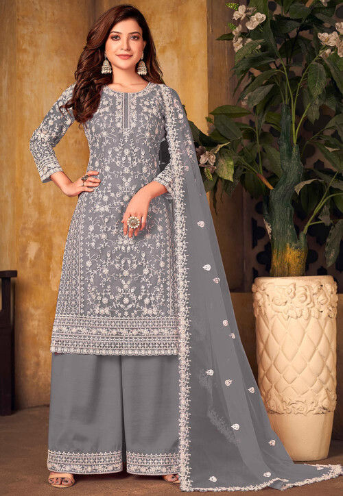 Embroidered Net Pakistani Suit in Grey