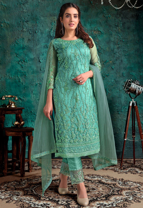Embroidered Net Pakistani Suit in Light Blue : KCH6513