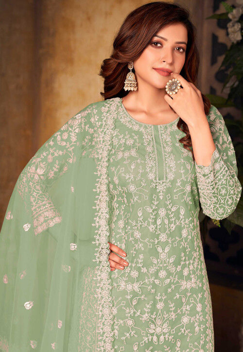 Embroidered Net Pakistani Suit in Light Green : KCH9185