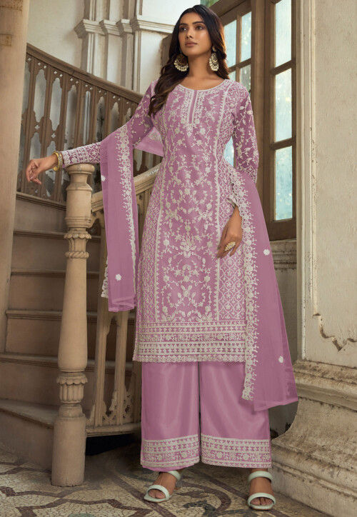 Buy Embroidered Net Pakistani Suit in Light Purple Online