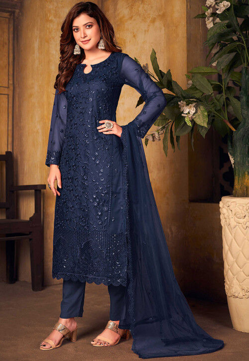 Embroidered Net Pakistani Suit in Navy Blue : KCH9189