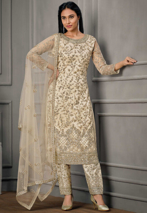 Embroidered Pakistani Suit in Off White : KCH9406