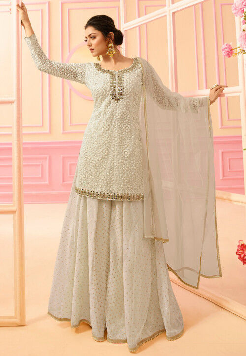 Embroidered Net Pakistani Suit in Off White