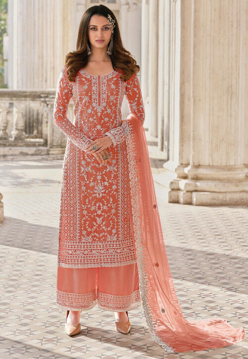 orange party dress pakistani Latest Rusty Orange Salwar Kameez in Chiffon #PF445