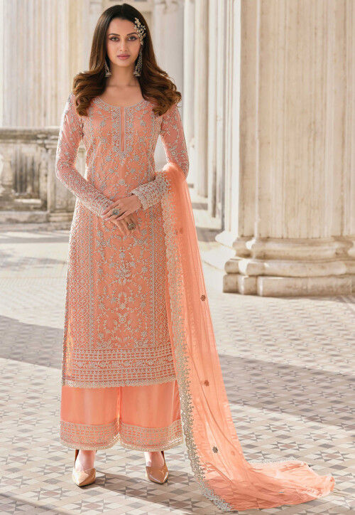 Embroidered Net Pakistani Suit in Peach : KCH8885
