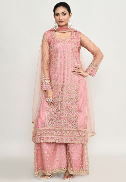 Embroidered Net Pakistani Suit in Peach