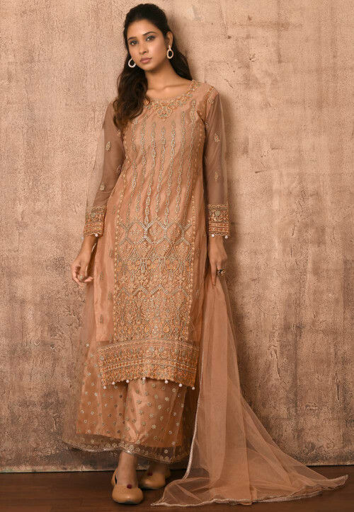 Peach Color Embroidered Cotton Readymade Salwar Suit For Casual Occasi