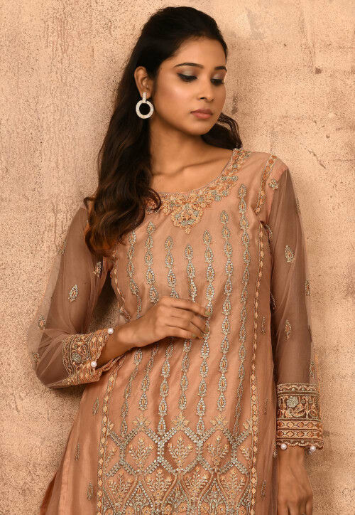 Embroidered Net Pakistani Suit in Peach