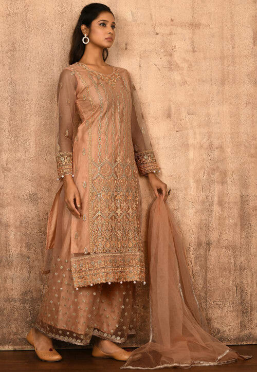 Embroidered Net Pakistani Suit in Peach