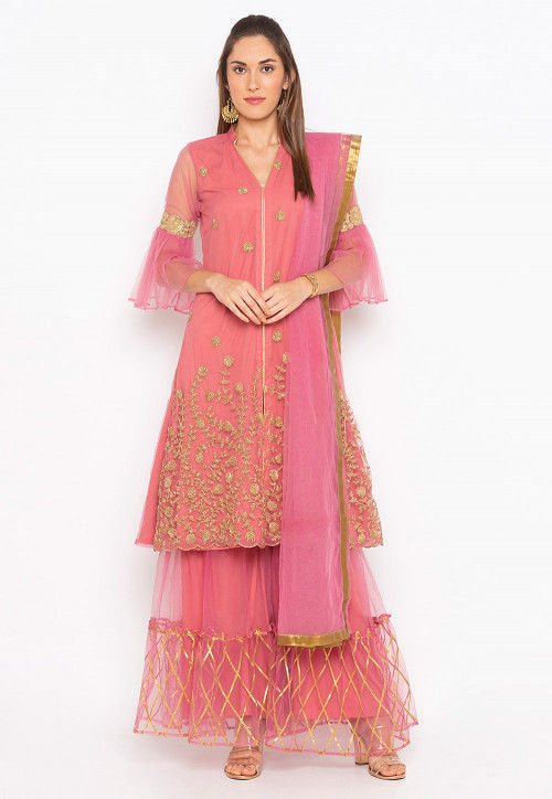 Embroidered Net Pakistani Suit in Pink
