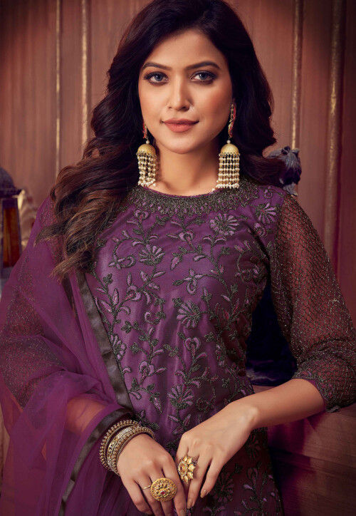 Embroidered Net Pakistani Suit in Purple : KCH8674