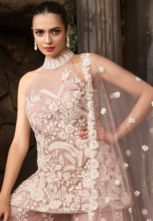 Embroidered Net Pakistani Suit in Old Gold