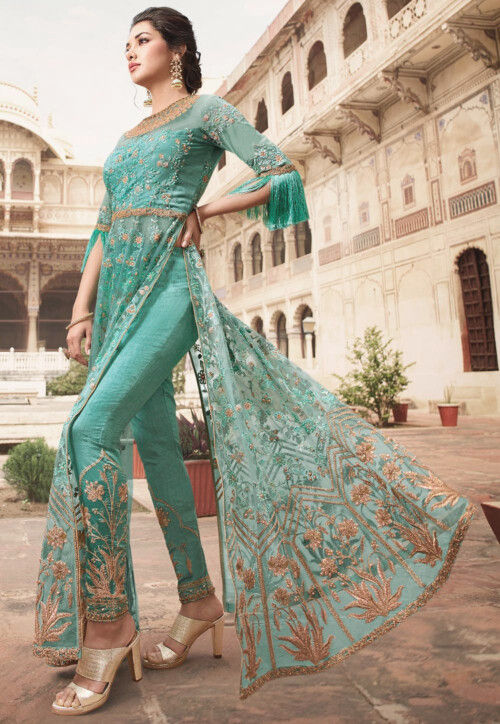 sea green pakistani dresses Sea Green Semi Stitched Georgette Pakistani Suit 42 / Faux Georgette / Sea Green