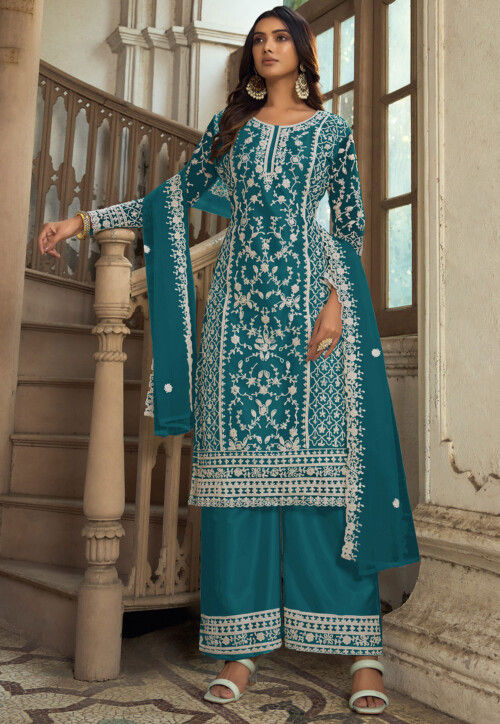 Embroidered Net Pakistani Suit in Teal Blue