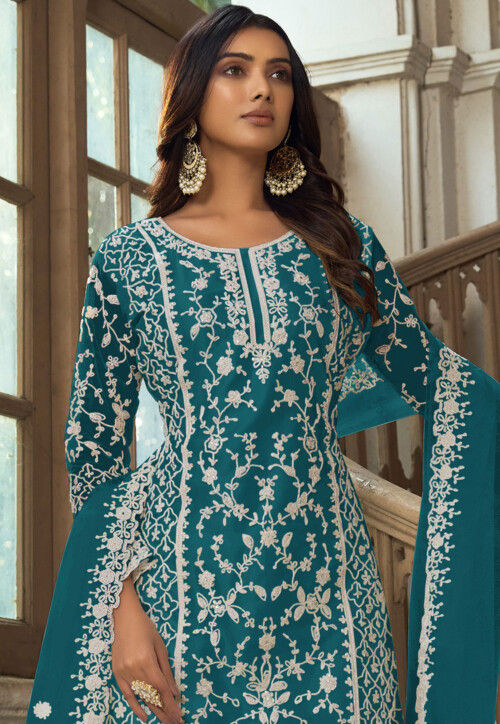 Embroidered Net Pakistani Suit in Teal Blue