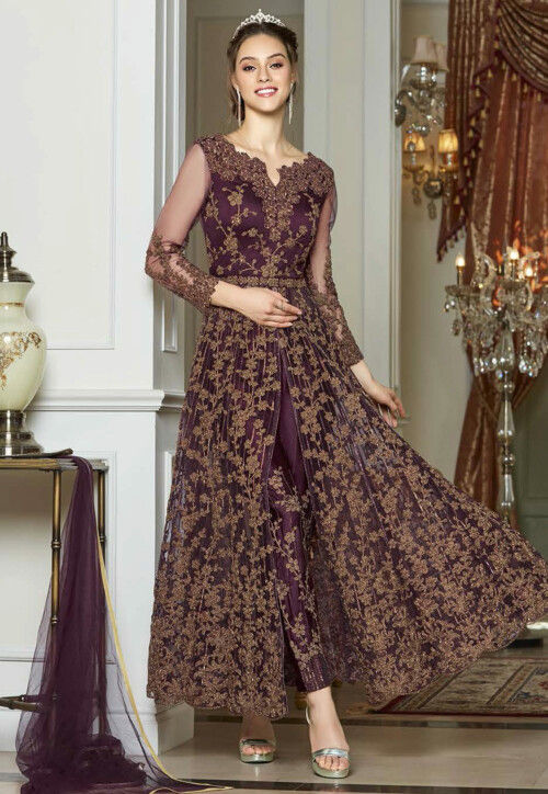 Buy Gold Net Embroidery Sequin Illusion Sheer Round Neck Pearl Gown For  Women by Laxmishriali Online at Aza Fashions.