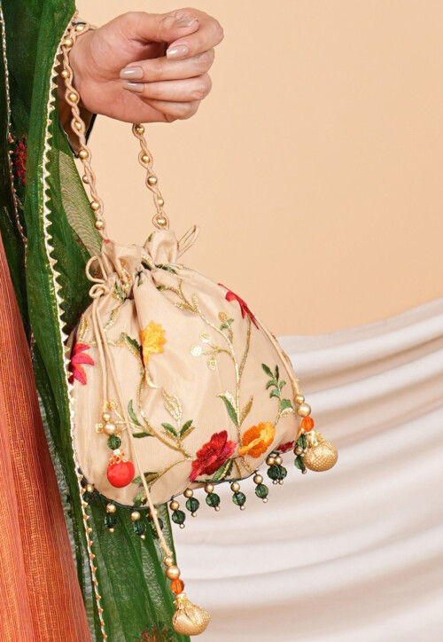 Embroidered Net Potli Bag in Beige