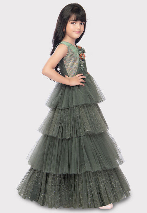 Buy Embroidered Net Ruffled Gown in Olive Green Online : UKU1624 ...