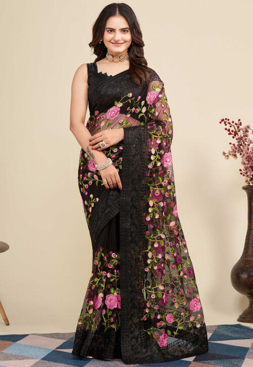 Embroidered Net  Saree in Black