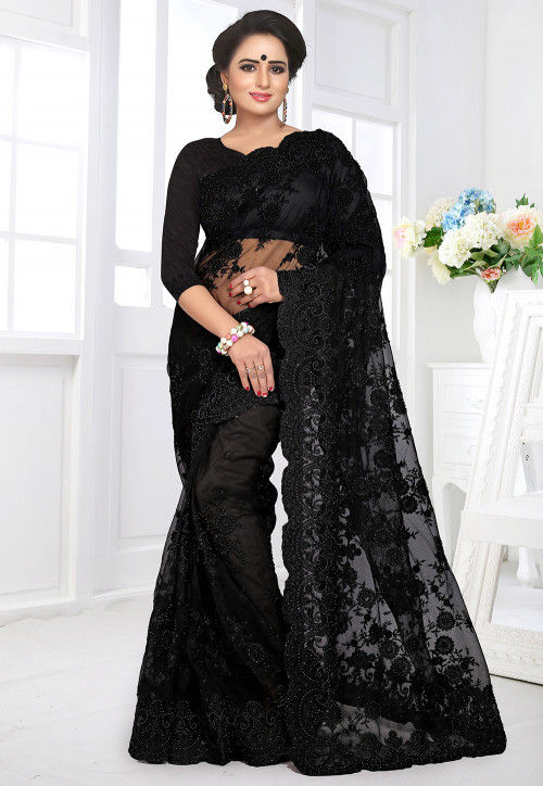 Embroidered Net Saree In Black Syua204 Urvashi rautela in silver and gold saree. embroidered net saree in black