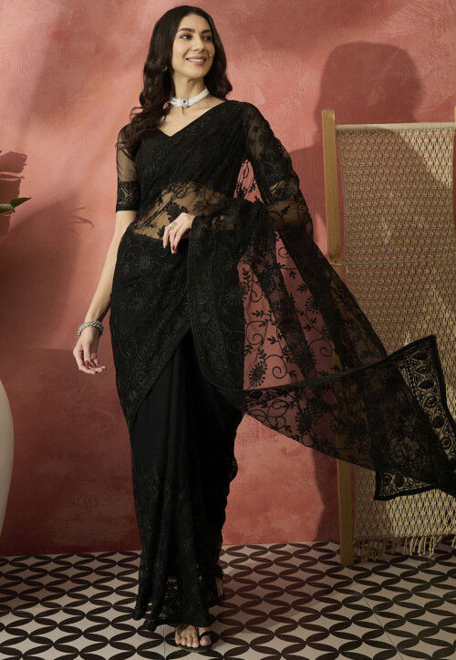 Embroidered Net Saree in Black