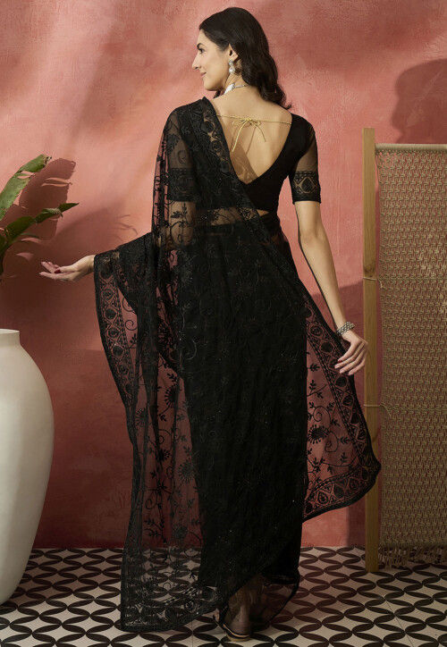 Embroidered Net Saree in Black